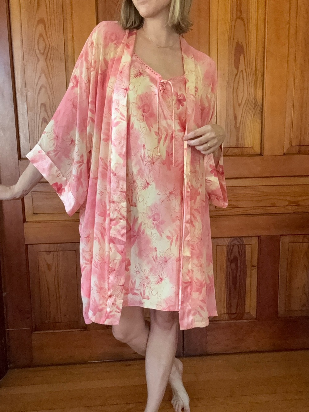 Pink and Cream Floral Satin Chemise & Robe Set